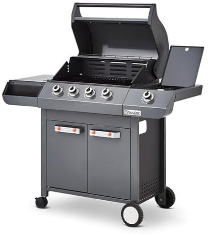 BRASERO - Barbecue Emma Gun Metal 4 Feux + 1 Side - FlexiGrill - Jusqu'à 12 convives - Surface de Cuisson 64 x 41,5 cm - 2 Tablettes Dont 1 brûleur latéral - 15,1 KW
