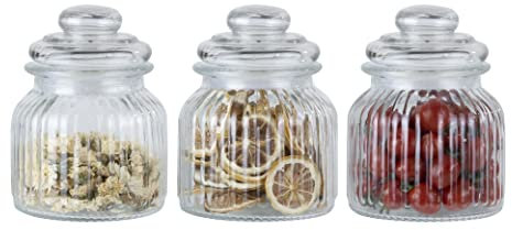 ORNAMI Ribbed Glass Storage Kitchen Jar with Airtight Lid (0.7L, Set of 3)