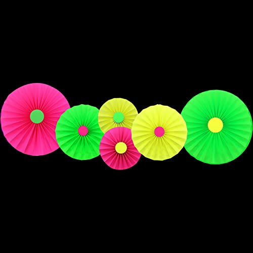 6 Stück UV-Neon-Papierfächer zum Aufhängen – Blumen leuchten Papierfächer – Partyzubehör und Dekorationen – leuchten im Dunkeln – Schwarzlicht reagierendes fluoreszierendes Schwarzlicht-Set –