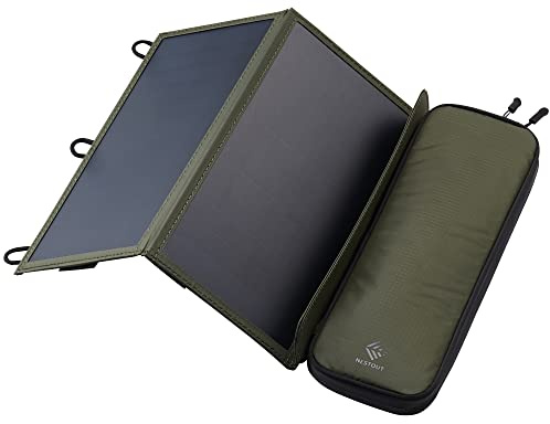 ELECOM NESTOUT 14W Outdoor Foldable Solar Panel Charger, Dual USB-A, 2.1A | Water-resistant ripstop nylon, High-efficiency SunPower cells, Digital ammeter, for phones & more, Hiking Camping (2-Panel)