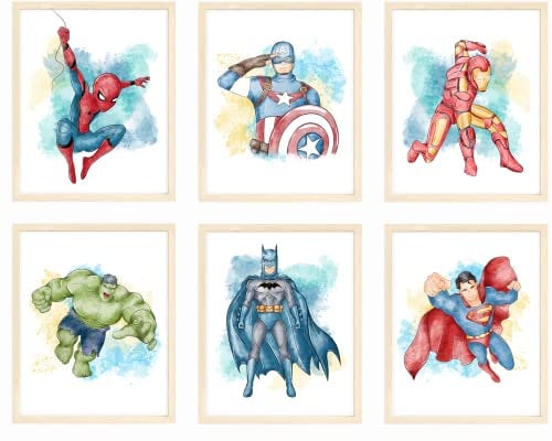 Nistio® Superhero Wall Decor, Superhero Wall Art for Boys Bedroom, Avengers Prints, Set of 6 Prints, Iron Man, Spiderman, Captain America, Hulk, Batman, Superman, Unframed, 8x10 inches