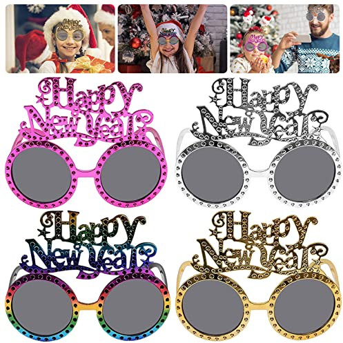 4 Stück Silvester Brille 2025, Partybrille, Neujahr Sonnenbrille, Lustige Brillen, Silvester Deko, Happy New Year Brillen, Silvester Foto Requisiten 2025, Silvester Partybrille für Silvester Geschenk
