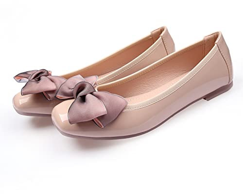 MACHSWON Womens Ballerina Flats Casual Square Toe Bow-Knot Slip ons Memory Foam Dressy Flats Cute Bow Tie Pumps Dolly Shoes(Apricot, Size 7)