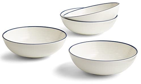 Royal Doulton Cereal Bowls, Stoneware, Designed to Mix & Match, Gordon Ramsay Maze Cereal Bowls 18cm/7in, Denim Line, Set of 4, Blue,white