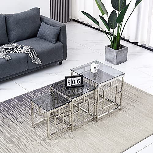 AINPECCA Satztisch 3er Set Couchtisch Beistelltisch aus Edelstahlgestell und Hartglas für Wohnzimmer modernes Design Sofatisch (silbern B, schwarzes Glas)