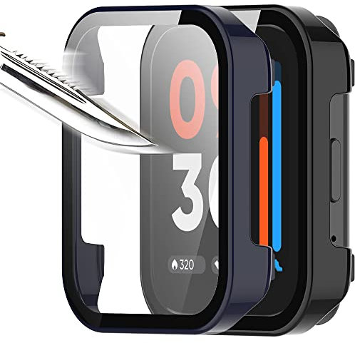 Msiall [2 pezzi nero blu con Pellicola Protezione Schermo Vetro Temperato per realme watch 3, 9H Durezza PC Case,Bumper,Sottile Case Protettiva Completa per Smart realme watch 3