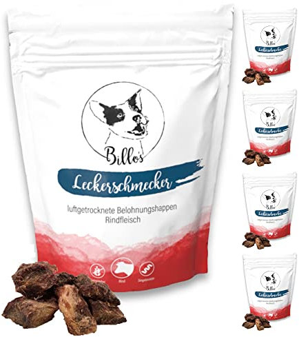 Leckerschmecker Rindfleisch Getrocknet Hunde-Leckerlis Trockenfleisch Pur - Dörrfleisch für Hunde - Hundeleckerli Getreidefrei Hundesnacks - Dog Treats | Billos Rind Fleisch 5er-Pack (5X 70g = 350g)