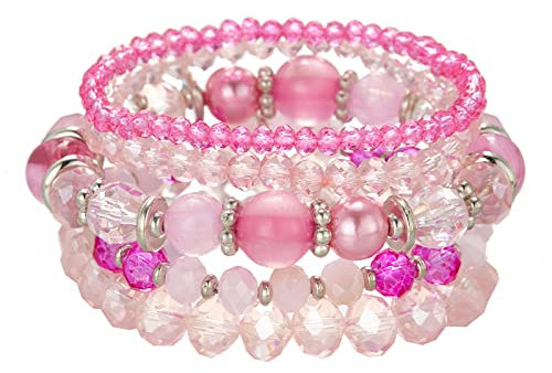 FULU AUTUMN Damen Kristall Perlen Armband Mehrschichtiges Steine Armband Boho Modeschmuck Beste Freundin Geschenke(21-Hot pink)
