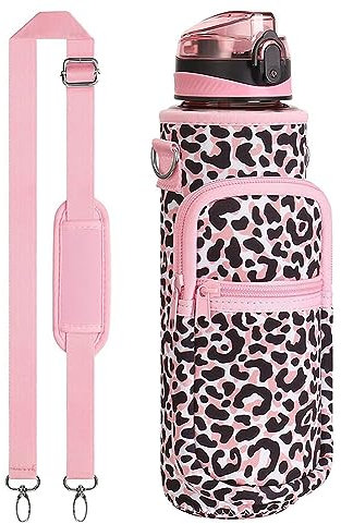 ihreesy Neopren-Flaschentasche, Tragbar Flaschenhalter Wasserflaschenhülle mit Verstellbar Schultergurt Flaschenhalter Multifunktional Trinkflaschen-Tragetasche Schutzhülle,Rosa Leopard