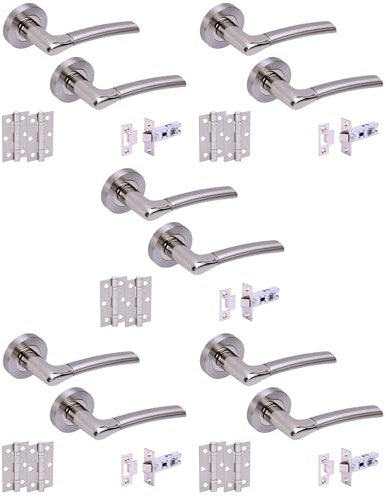 HANDLEZONE® 5 Sets Ursa Internal Door Handles on Rose Lever Latch Packs with 75mm Ball Bearing Hinges and 76mm Latches - Dual Polished/Satin Nickel
