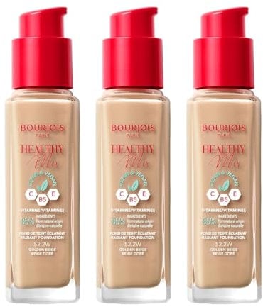 3 x Bourjois Healthy Mix Clean and Vegan Foundation 30ml - 52.2W Golden Beige