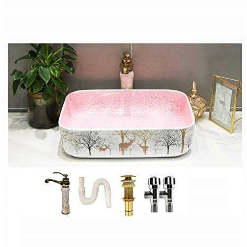 Unité de lavabo de comptoir rectangulaire en céramique, évier de lavabo de toilette de salle de bains avec robinet et drain, art européen, robinet monotrou de l