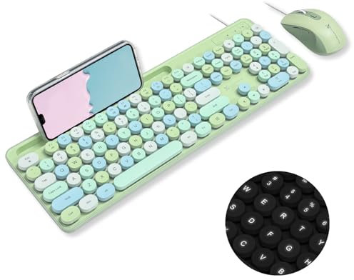 X9 Wired Keyboard and Mouse Combo - Cute Backlit Keyboard with Round Keycaps, 109 Silent Keys Fullsize with Phone/Tablet Dock, Aesthetic and Pastel Colorful Keyboard for Laptop, PC, Chrome - Green