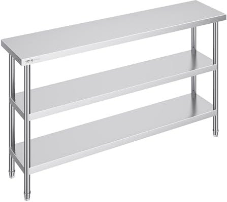 VEVOR Mesa de Preparación de Alimentos 356x1524x864 mm Mesa de Trabajo de Cocina Comercial de Acero Inoxidable con 2 Estantes Inferiores Ajustables Mesa de Preparación para Parrilla, Cocina, Hogar