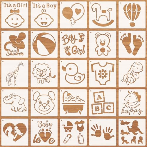 JSRQT 25 Stück Baby Shower Schablonen Thema Dusche Schablone für Babyparty Art Stencil for Painting Wiederverwendbar Malschablonen Strampler Onesies Lätzchen Hemden Dekoratio