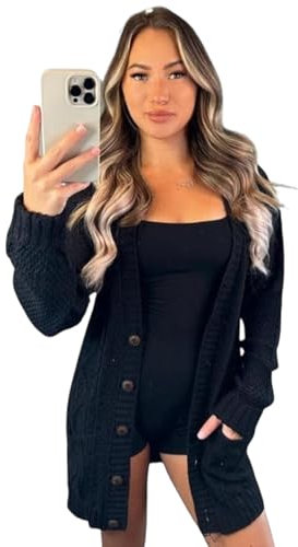 Stylish Doll Women’s Long Sleeve Knit Open Front Button Top Chunky Aran Cable Plus Size Grandad Knitted Cardigan Ladies Casual Sweater Winter Jumper (Black, UK 20-22)