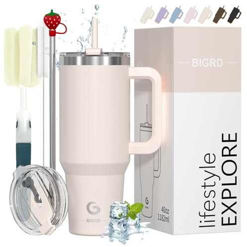 BIGRD 1.13 Litre Coffee Mug to Go, Stainless Steel Vacuum Insulated Thermal Mug, Double-Walled Leak-Proof Travel Cup with Straw Lid and Handle, Dishwasher Safe BPA-Free, for Coffee/Tea, Rose Quartz