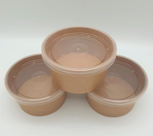 Soup Containers 12/14/16 oz with Clear Lids Brown Kraft Disposable 25, 50 or 100 Packs Ideal for Sauces, Ice Cream Tubs, Noodles Recyclable Heavy Duty Deli (25, 14oz/ 400ml)
