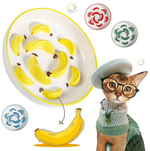 Gamelle Anti Glouton Chat Céramique - Gamelle Chat pour Alimentation Lente aux Couleurs Vives - Bol Nourriture Chat Anti Vomissement - Écuelle pour Chat avec Labyrinthe Interactif - Jaune - 16 x 3 cm