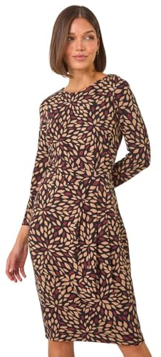 Roman Originals Ruched Waist Dress for Women UK - Ladies Twist Knot Waisted Wrap Stretch Jersey Knee Length Business Smart Work Office Formal Evening Drape - Tan - Size 16
