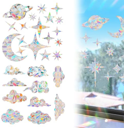 XURJUMI 28 Stück Prism-Fenster-Abziehbilder PVC Anti-Kollisions-Aufkleber Vogelschutz Regenbogen Fensterfolie Kreisförmig Sonnenfänger Sticker Dekoration für Stoppt Vögel Türfenster Esszimmer