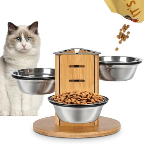 JAZUIHA Lot de 3 gamelles surélevées pour chat et petits chiens, gamelles en acier inoxydable de 14 cm (350 ml), 3 niveaux pour une hauteur réglable