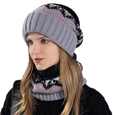 cfpqv Damen Winter warme Strickmütze Damen Ohrenschützer Wollmütze Herren Schal Und Mütze Set (Grey, One Size)