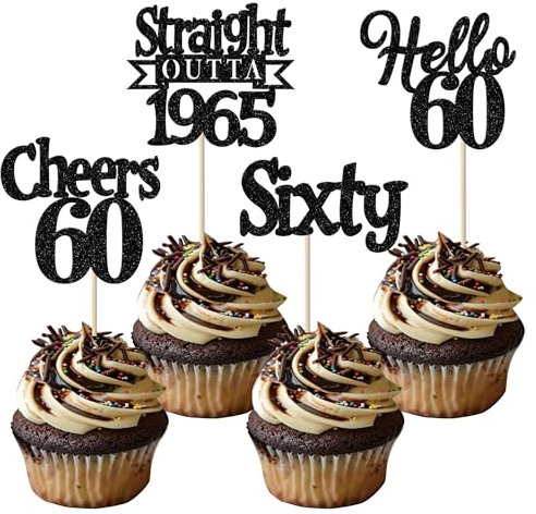 24 Stück 60th Geburtstag Cupcake Toppers Glitzer Straight Outta 1965 Kuchen Deko Sixty Hello 60 Tortendeko für Prost auf 60 Jahre Geburtstag Hochzeit Jahrestag Party Kuchen Dekoration Schwarz