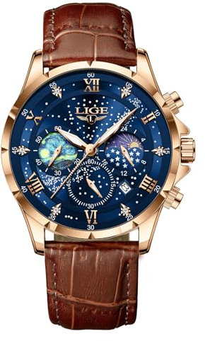 LIGE Uhr Herren | Edelstahl Wasserdicht Analog Mondphase Quarz Herrenuhr Chronograph Lederarmband Watches for Men Mit Datum Leuchtende Herrenarmbanduhren Business Retro Männer Uhren,Goldblau