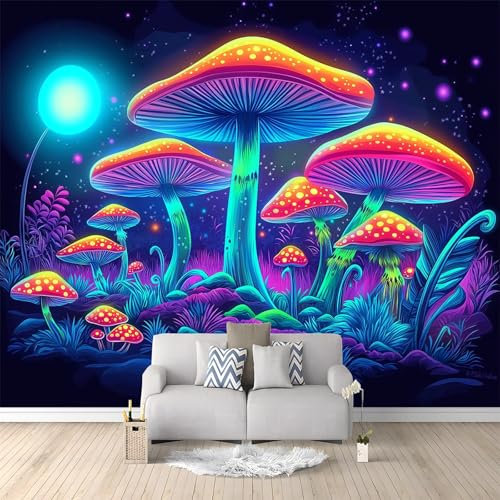 WHUOEUCO Papier Peint Champignons Lumineux Fantastiques 300x210 cm Papier Peint Panoramique Effet 3D, Peinture Murale intissé Grande, pour Moderne Salon Chambre TV Fond