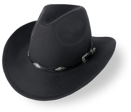 DTREEL Schwarzer Cowboyhut für Männer und Frauen Klassischer Cowboyhut mit breiter Krempe und Gürtelschnalle