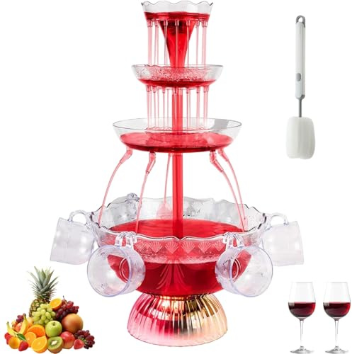 Transparent 3-nivåers festfontän med borste, cocktailfontän med 5 återanvändbara koppar, LED-upplyst bas för juice och vin för pubar, hemmafester och födelsedagsfester