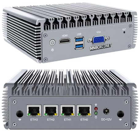 MNBOXCONET Mini PC Fanless J4125 Firewall Hardware Micro PC Application Router, Barebone 8GB RAM 128GB SSD, 4 x 2.5GBE Ethernet Port, VGA + HD Dual Display, SIM Card Slot, 2 x USB3.0