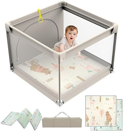 Laufstall Baby mit Matratze 90x90cm,Faltbar Mit Matte Schaum,Atmungsaktivem Netz und Reißverschlusstür,Kleines Laufgitter,Playpen,Rutschfeste Basis,Beige