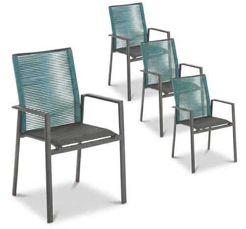 Liadomo Gartenstuhl 4er-Set Limbadi - 4 Stück Stapelstuhl - Aluminium-Gestell - Rope blau - Armlehne Alu - wetterfest - fertig montiert - stapelbar - für Garten, Terrasse, Balkon