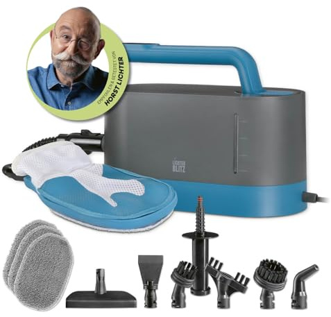 LICHTERBLITZ Dampfreiniger Handgerät - kraftvolles 100 °C Dampf Polsterreiniger Gerät, entfernt bis zu 99,9% Keime ohne Chemie | mit Dampfhandschuh, 7 Aufsätzen | 45 Min Laufzeit, 1 l Tank, 1200 Watt