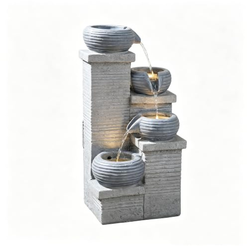 HOMASIS 4-stufiger Gartenbrunnen mit LED & Wasserfall, Wasserbrunnen mit Einstellbarer Pumpe, Springbrunnen aus Kunstharz & Fiberglas, Außen- & Innenbrunnen für Terrasse, Balkon & Innen, 28x22x58cm
