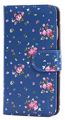 32nd Floral Series - Design PU Leather Book Wallet Case Cover for Apple iPhone 6 & 6S, Designer Flower Pattern Wallet Style Flip Case With Card Slots - Vintage Rose Indigo