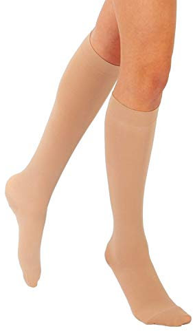 RIEMTEX Medizinisch abgestufte Kompressionsstrümpfe Klasse 2 CCL2 geschlossene Spitze Waden Strümpfe Thrombosestrümpfe Damen u Herren Schwarz o. Beige (Größe 1, Beige)