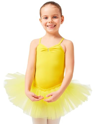 tanzmuster Ballettkleid Mädchen Tutu - Kim - weicher Baumwollstoff - Glitzersteine - Ballett Trikot mit Tüllrock für Kinder - gelb, 116/122