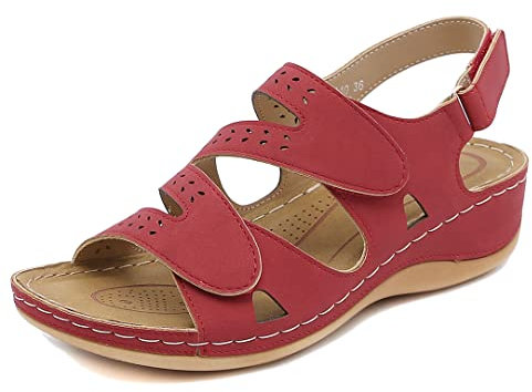 SMajong Sandali Donna Ortopedico Con Strappo Adjustable, Estivi Leggere Comode in Cuoio Artificiale, Zeppa Vintage Moda Scarpe Versatili, Rosso 38 EU