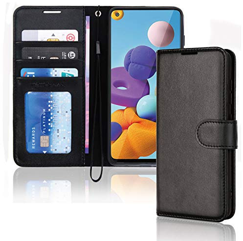 TECHGEAR Galaxy A21s Leather Wallet Case, Flip Protective Case Cover with Wallet Card Holder, Stand and Wrist Strap - Black PU Leather with Magnetic Closure Designed For Samsung Galaxy A21s