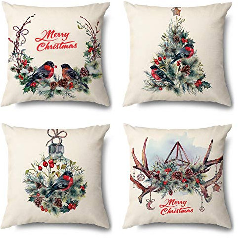 JOTOM Weihnachten Kissenbezug Dekokissen Kissenhülle Sofa Kissen Bezug für Wohnzimmer Büro Outdoor Cafe 45x45cm 4er Set (Weihnachtsthema Vogel)