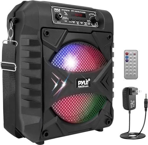 Pyle, Portable Bluetooth PA Speaker System – 300W Rechargeable Party Speaker, w/ 8” Subwoofer, AUX, Microphone in, Party Lights, MP3/USB, Radio, Remote Controller, Easily Portable with Handles & Strap