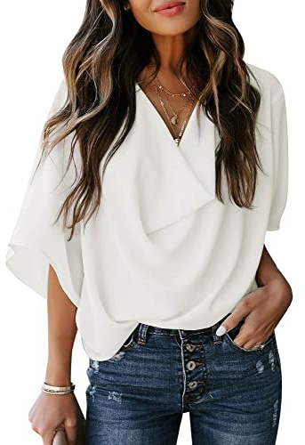 Dokotoo Womens Blouses and Tops Short Sleeve Tops V Neck Solid Color Ladies Work Wrap Draped Front Business Casual Fashion Chiffon Shirts and Tops Fashion 2025 Spring Clothes,White Large