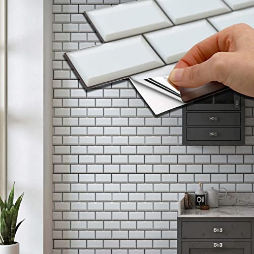 WALPLUS Wandfliesen Aufkleber 24pcs 11.2x5.5/28.5x14cm Brilliant White Subway Brick fliesenaufkleber Klebefliesen Selbstklebende tapete Fliesenfolie Küche Schälen und Stick fliesen