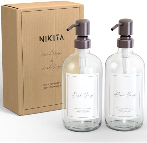 Distributeur de Savon en Verre Transparent, Lot de Deux Bouteilles de Lavage à la Main et au Lave-Vaisselle Rechargeables de 500 ML, décoration de Cuisine respectueuse de l'environnement