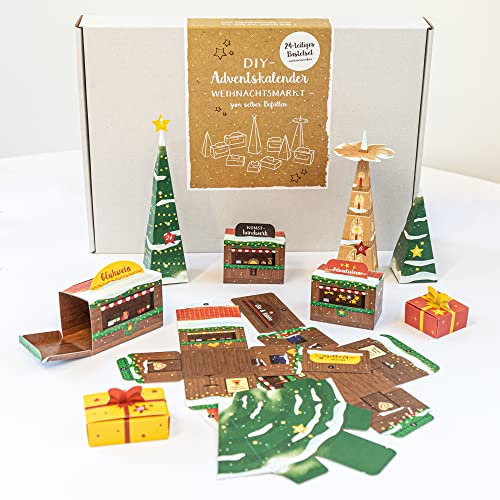 Meine Hochzeitsdeko Adventskalender zum selbst Befüllen 'Weihnachtsmarkt' - 24 Boxen zum Falten im DIY Bastelset - Exklusiv in Deutschland hergestellt, bunt