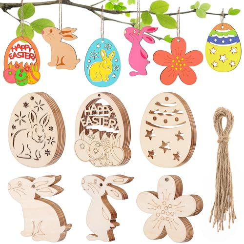 36 Stück Ostern Basteln Holz, Osterdeko Holz zum Aufhängen, Holzanhänger Ostern Deko mit Schnur, Ostern Anhänger Holz, DIY Basteln zum Bemalen für Kinder Frühling Dekoration