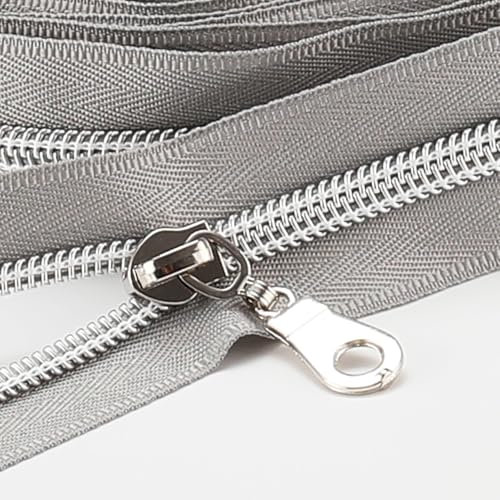 Sawoake 9m Bulk Zipper, (#5) Reißverschlüsse zum Nähen, Silver Nylon Coil Zipper mit Silver zähnen, Ersatz Nähreißverschluss mit 20PCS Reißverschluss Sliders(#5 Silver Silver)